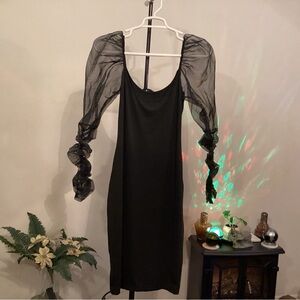 Womens Sheer Ruffle Sleeves Dress